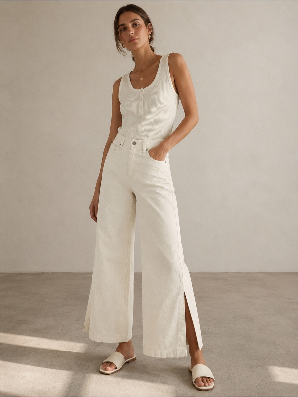 Banana Republic Premium Denim Ivory Wide Leg Side Slit Jeans Petite 29